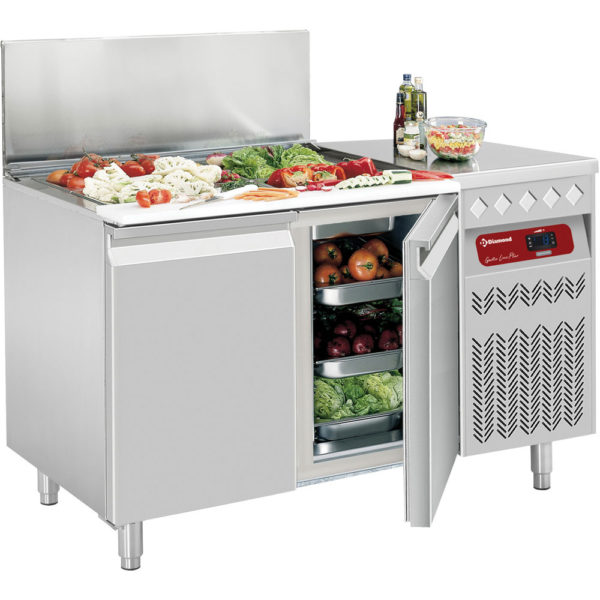 Tavolo frigorifero ventilato 2 porte GN 1/1, 260 Lit. con banco saladette refrigerato
